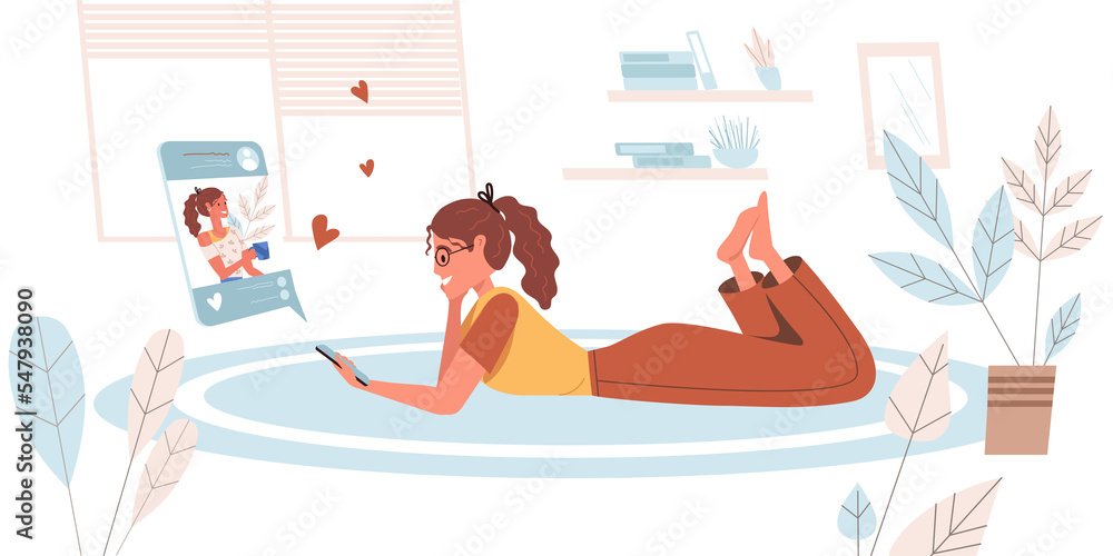 Browse social network people concept in modern flat design. Woman looks and likes at photos, uses smartphone lying at floor. Online communication person scene. Illustration for web banner