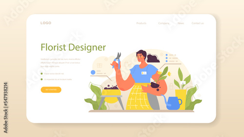 Florist web banner or landing page. Floral designer growing plant
