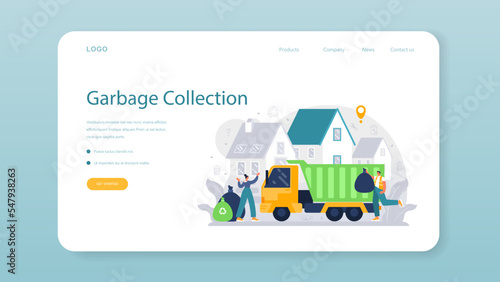 Grabage collector web banner or landing page. Cleaning worker emtying bin