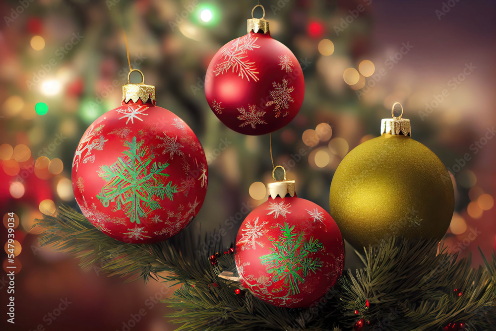 Red Christmas balls with snowflakes patterns in the Christmas tree and bokeh background, AI generated image