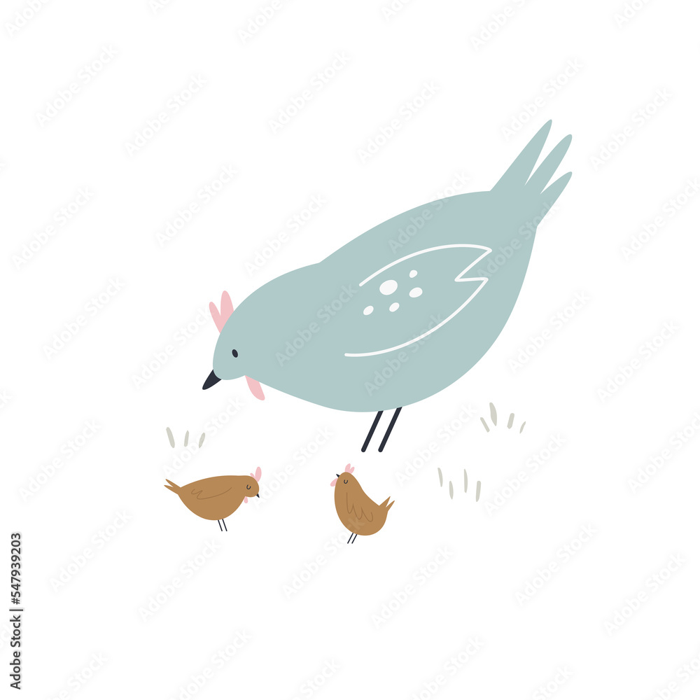 Fototapeta premium Sweet hand drawn illustration with funny hen and chickens