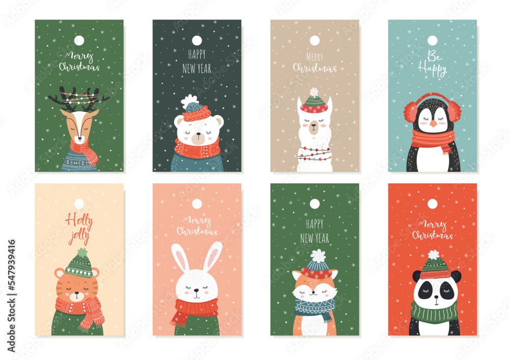 New Year's Eve template set for tags, postcards with cute sleeping animals. Children's illustration of animals. Vector