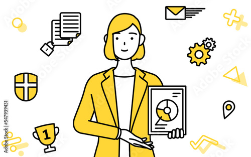 DX化のイメージ、デジタル技術を利用して業務改善を行うスーツ姿の女性のシンプルな線画イラスト