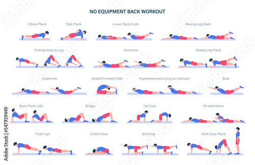 No equipment back workout set. Male character doing exercises on back