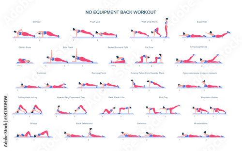 No equipment back workout set. Female character doing exercises