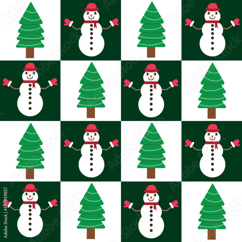 Cute Christmas tree and snowman on white and dark green checkerboards seamless pattern. For Christmas textile, wrapping paper and fabric. 