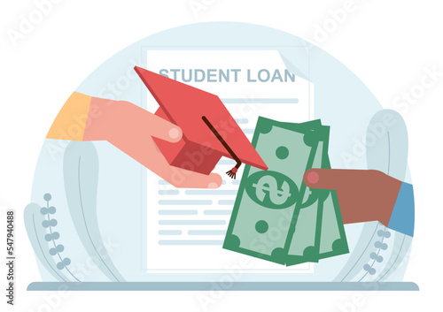 Education loan. Student characters paying debt for education.