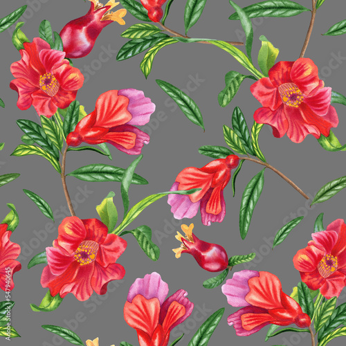 Red pomegranate flowers seamless watercolor pattern. Hand drawn botanical branches of a flowering tree. Endless background for fabric and wallpaper.