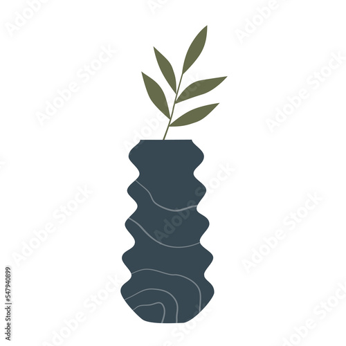 Textured dark blue vase with a plant branch isolated on a white background. Vector element mid-century modern style muted tones
