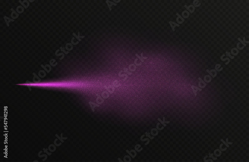 Pink spray mist with glitter particles, fashion shimmer freshener with haze isolated on a dark background. Realistic vector effect. Luxury scent template.