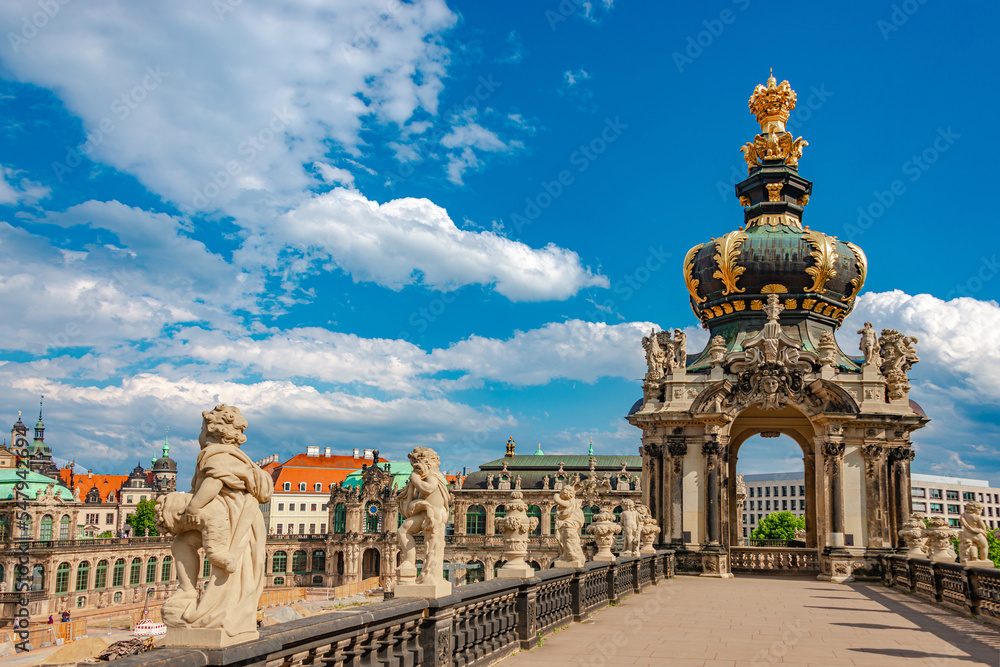Dresden, Saxony, Germany - June 1, 2022: Cityscape over historical and touristic center in Dresden downtown, Zwinger Palace with many sculptures and garden