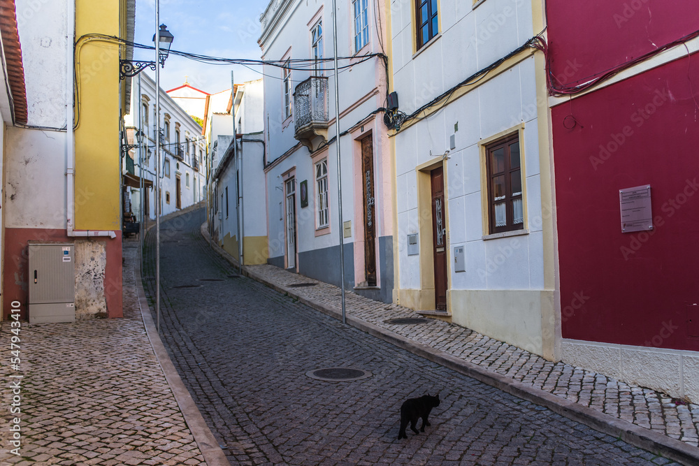white houses, cobbled streets, historic center with the castle in Silves in the background