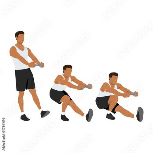 Man doing Single leg dumbbell squat. Pistol squats exercise. Flat vector illustration isolated on white background. Workout character set