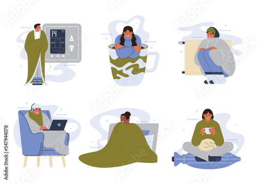 Characters freezing at home set. People wrapped in blanket or warm