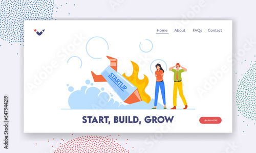 Business Failure, Crash, Misfortune Landing Page Template. Business Characters Stand at Burning Crashed Startup Rocket