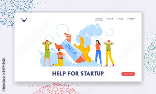 Help for Startup Landing Page Template. Business Startup Failure, Spaceship Crash. Businesspeople Shock Illustration