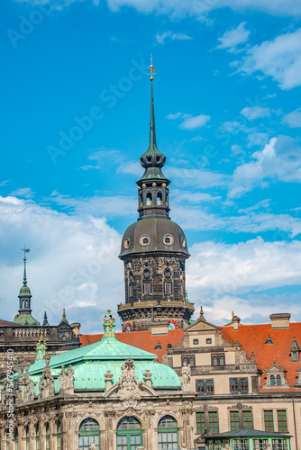 Catholic Cathedral Bell Tower of Holy Trinity, Hofkirche in downtown of Dresden in summer sunny day with blue sky, Germany, details, closeup.