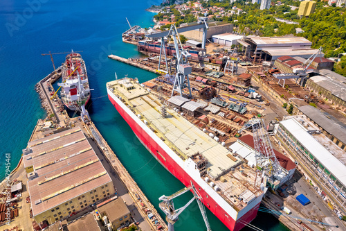 Aerial view of shipyard docks in Rijeka