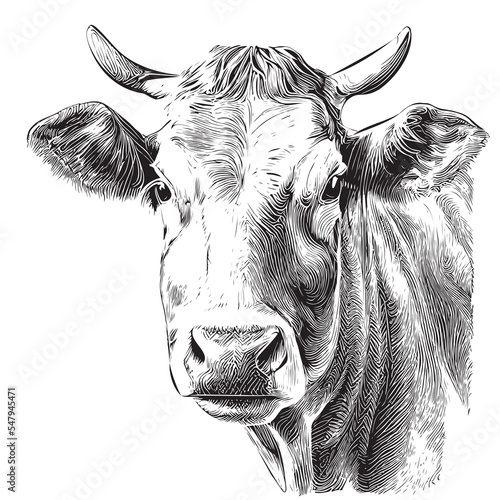 Cow portrait sketch hand drawn Farming and cattle breeding Vector illustration.