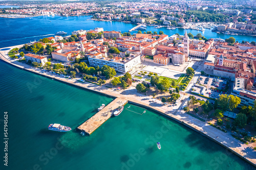 City of Zadar historic center and waterfront aerial panoramic view