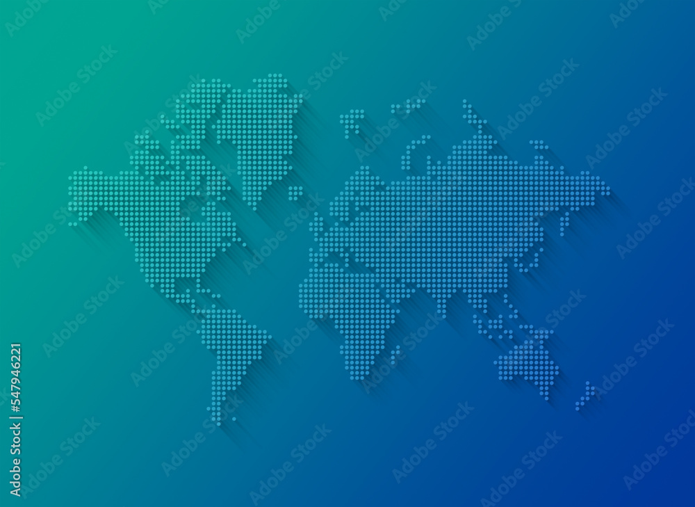 Illustration of a world map made of dots on a blue background