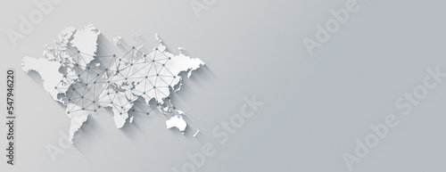 World map and digital network illustration on a white background. Horizontal banner