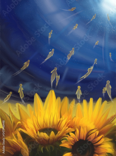 Ukraine. A field of sunflowers in the middle of a storm. The souls of the dead fly from darkness to light. The archetype of war. Watercolor drawing. Save Ukraine concept