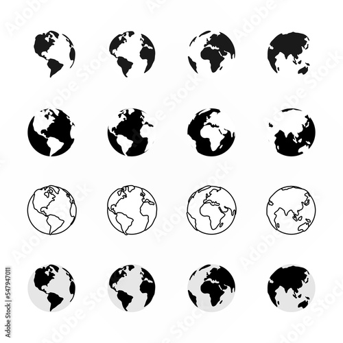 Set of different view of globe. World map illustration