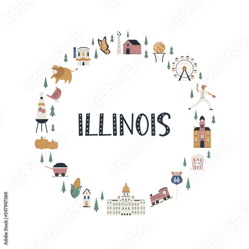 Circle decoration, emblem with famous symbols and landmarks of Illinois State, USA