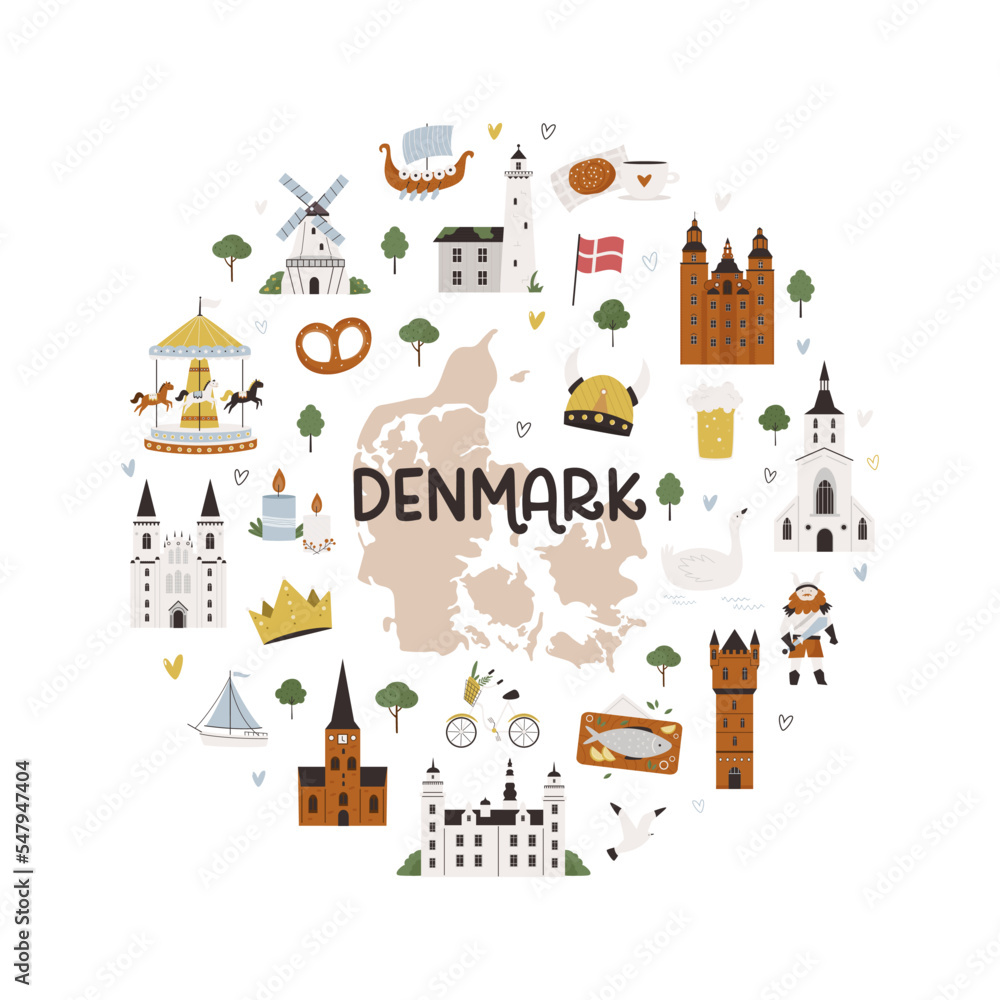 Circle decoration, emblem with famous symbols and landmarks of Denmark