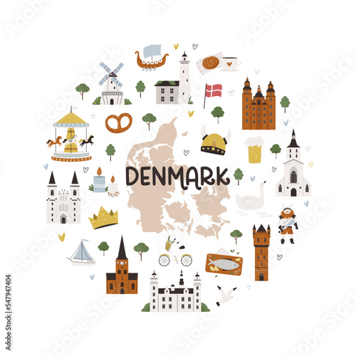 Circle decoration, emblem with famous symbols and landmarks of Denmark