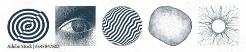 Black and white design elements. Melted liquid shape. Sphere. Eye. Digital vision. An abstract cell represented as an object of dots. 3D vector illustration for cover, poster, booklet or brochure.