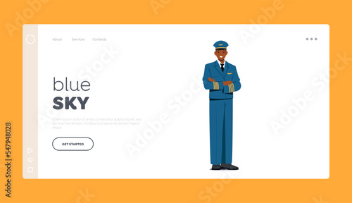 Pilot of Airplane Landing Page Template. Aviation Aircrew Male Character Wearing Uniform, Airport Staff, Plane Captain