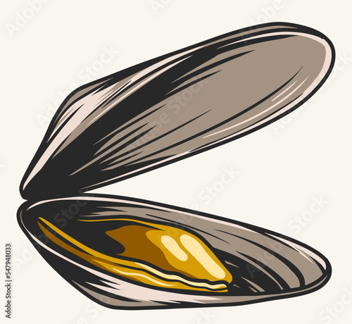 Opened mussel detailed colorful label
