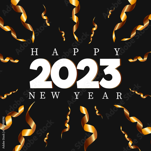 New Year's illustration of HAPPY NEW YEAR 2023 gold inscription and golden serpentine on a black background.