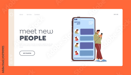 Virtual Communication Service Landing Page Template. Male Character Dating Online Using App On Phone Vector Illustration