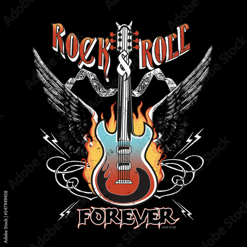 Rock and roll forever and ever, Rock and Roll. Grunge print for T-shirt with guitar and wings. With slogan, 