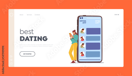 Best Dating Landing Page Template. Online Service Application, Virtual Relationship Concept. Woman Chat in Smartphone