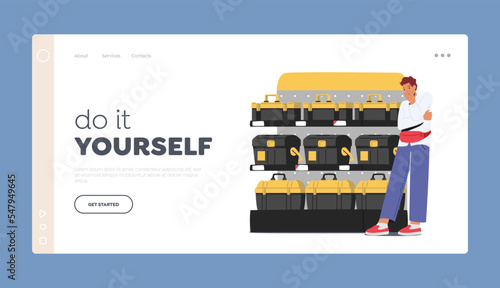 Construction Equipment Store Landing Page Template. Male Character Choose Toolbox for Instruments in Hardware Shop