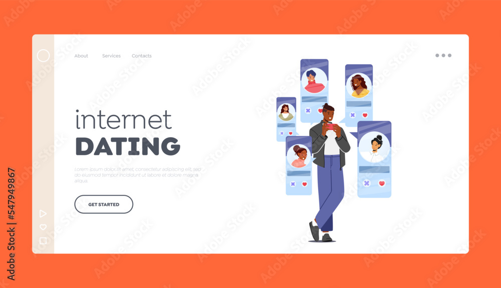 Internet Dating Landing Page Template. Character Dating Online Use Service App On Phone Screen. Virtual Relationships Internet Dating Landing Page Template. Character Dating Online Use Service App On Phone Screen. Virtual Relationships