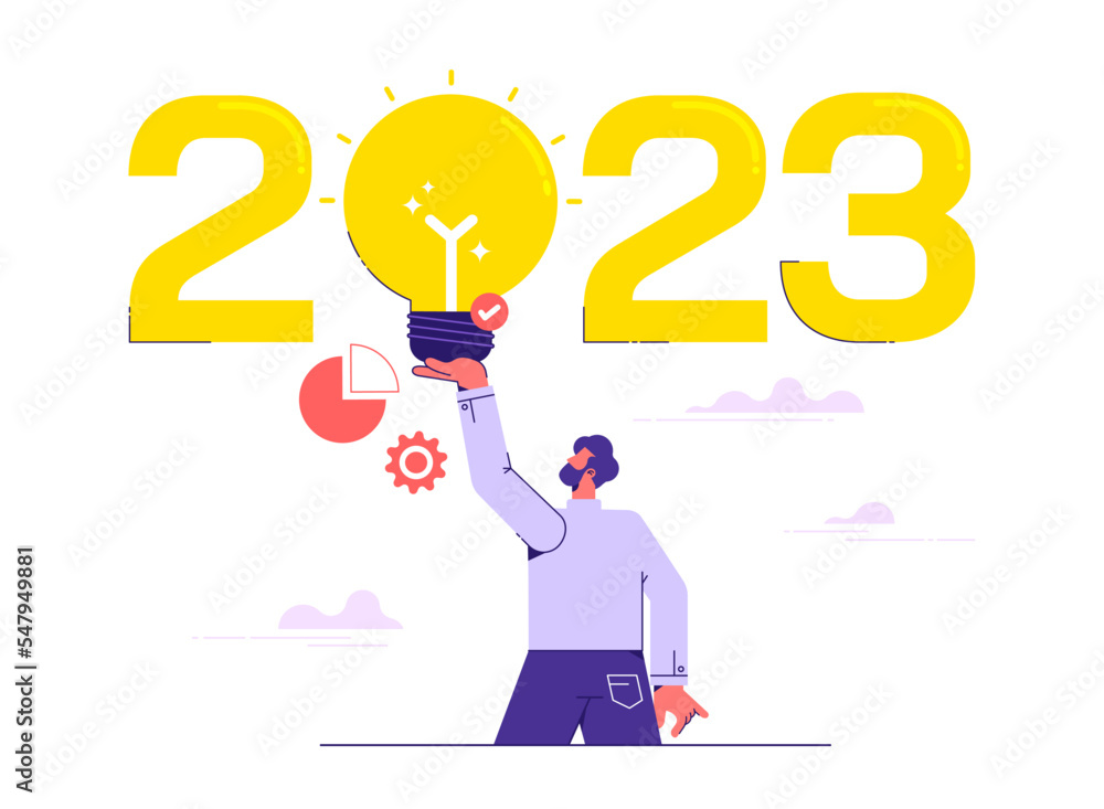 2023 new year with creative inspiration light bulb idea, man holding creative light bulb idea with 2023 word