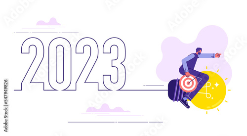 2023 new year with creative light bulb idea, Inspiration business plan, marketing strategy, teamwork, brainstorm ideas concept, Vector illustration