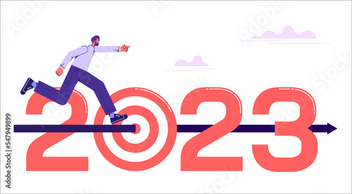 Target breaking successful on 2023 year. Businessman running on arrows to goals in 2023 year, vector illustration 