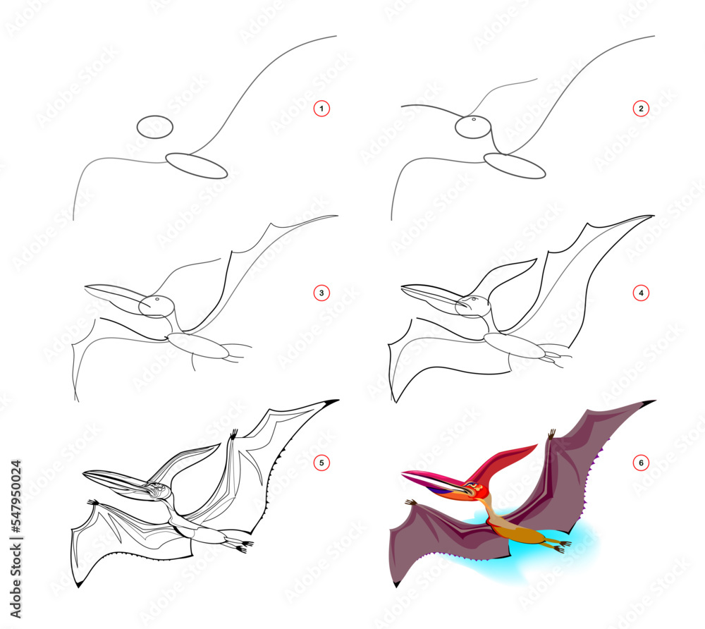How to learn to draw flying pterodactyl. Educational page for children