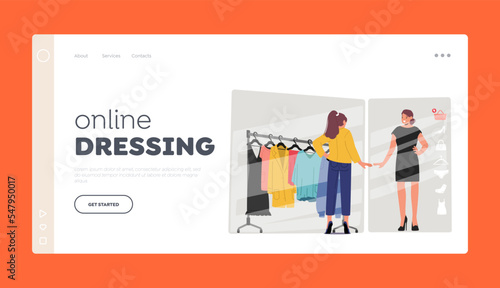 Online Dressing Landing Page Template. Shopper Trying On Clothes Size And Style In Virtual Fitting Room Illustration