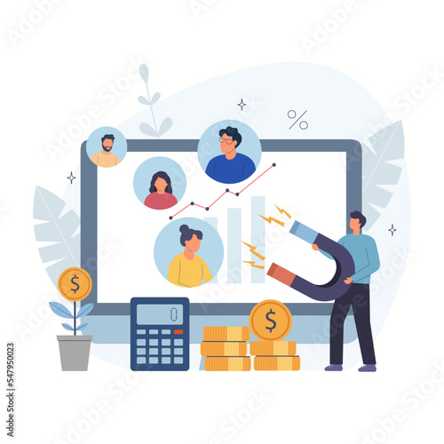 The concept of attracting new customers by income growth. Vector illustration.