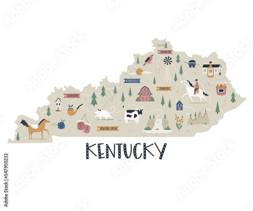 Kentucky map state with landmarks and symbols.