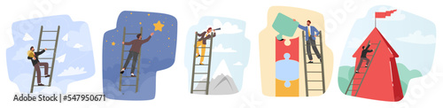 Set of Businessman Characters Climbing Ladder to Take Star from Sky, Assemble Puzzle, Look in Spyglass. Task Solution