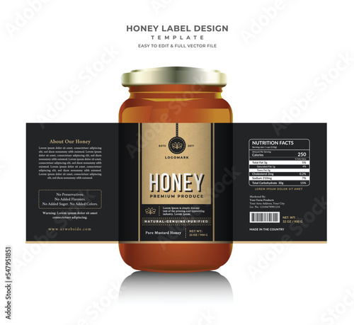 Bee Honey glass jar creative and modern health food product branding label packaging graphic design template. Food label packaging design.