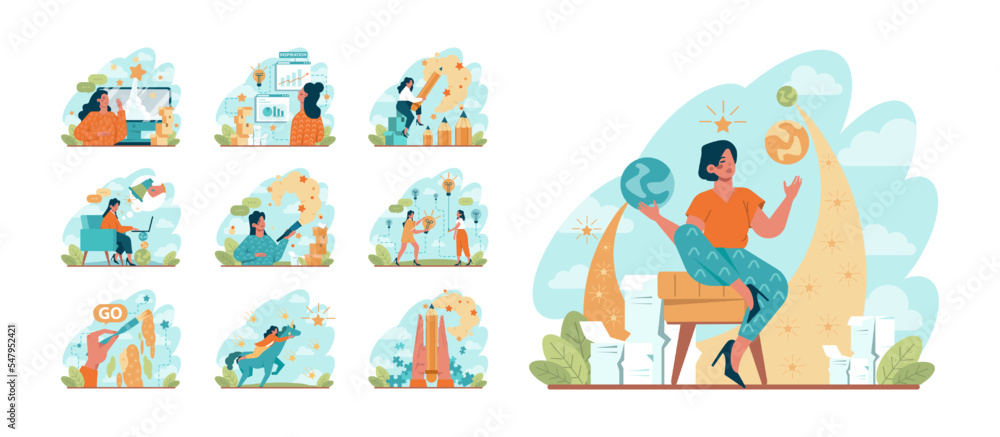 Fototapeta premium Inspiration concept set. Creative character generating new ideas.